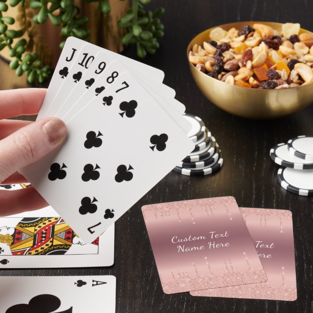Rose Gold Blush Glitter Custom Text Playing Cards (In Situ)