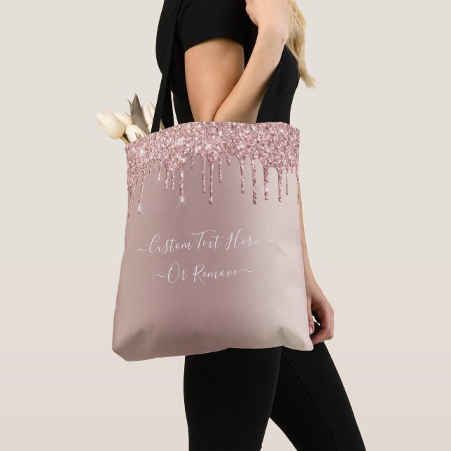 Rose Gold Blush Glitter Custom Text Tote Bag (Close Up)