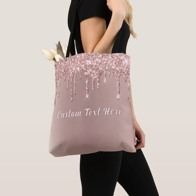 Rose Gold Blush Glitter Custom Text Tote Bag (Close Up)