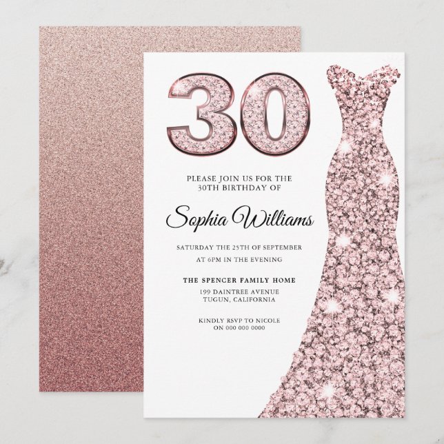 Rose Gold Blush Glitter Dress 30th Birthday Party Invitation (Front/Back)