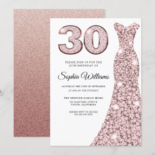 Rose Gold Blush Glitter Dress 30th Birthday Party Invitation