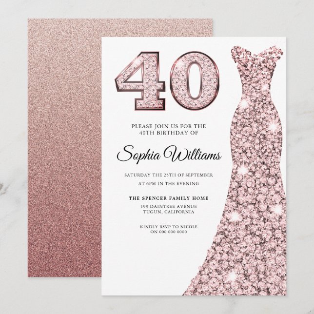 Rose Gold Blush Glitter Dress 40th Birthday Party Invitation (Front/Back)