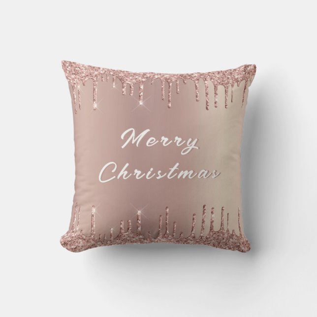 Rose Gold Blush Glitter Drips Christmas Pillow (Front)