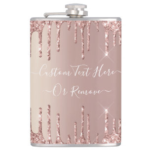 Rose Gold Blush Glitter Drips Flask Custom Text
