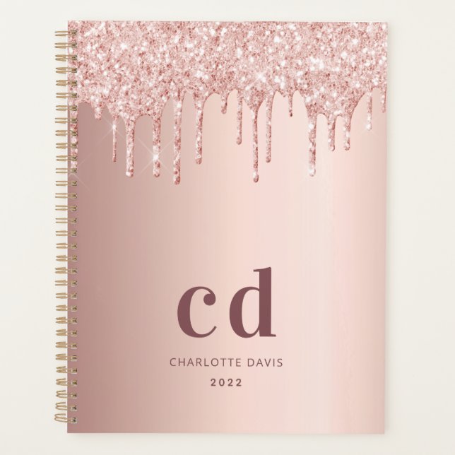 Rose gold blush glitter drips glam monogram planner (Front)