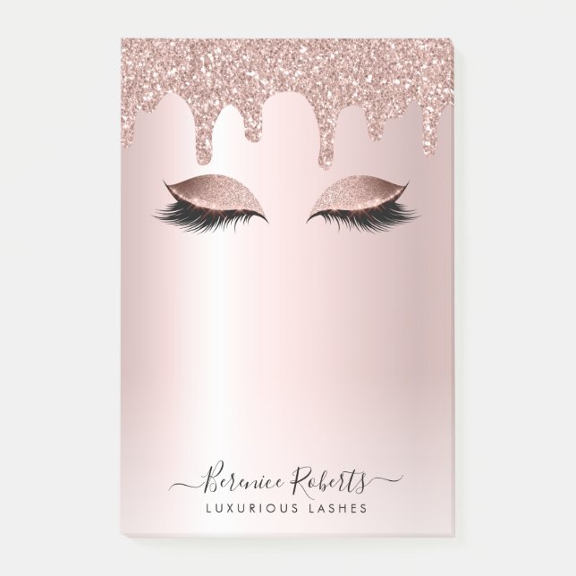 Rose Gold Blush Glitter Drips Lash Extensions Post-it Notes (Front)