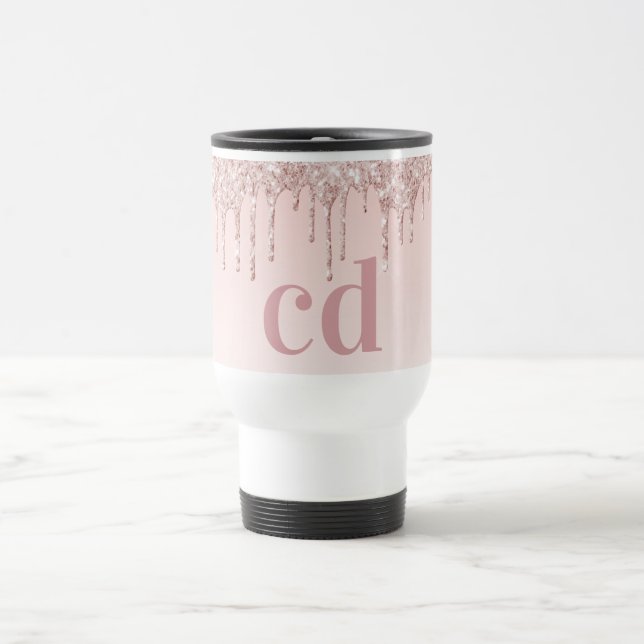 Rose gold blush glitter drips monogram initials travel mug (Center)