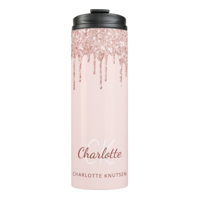 Rose gold blush glitter drips monogram name thermal tumbler (Front)