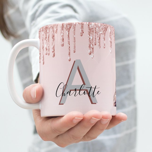 Rose gold blush glitter drips monogram photo coffee mug (Creator Uploaded)
