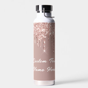 Rose Gold Blush Glitter Drips Name Water Bottle