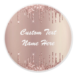 Rose Gold Blush Glitter Drips Text Ceramic Knob