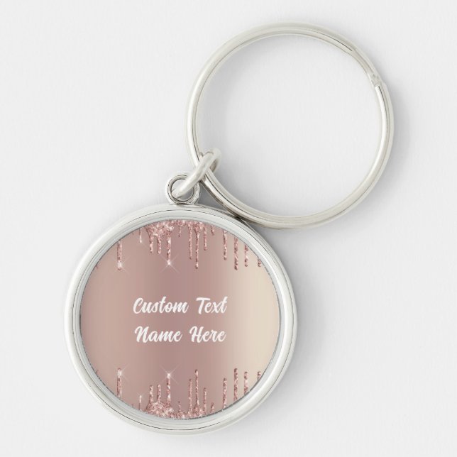Rose Gold Blush Glitter Drips Text Keychain Gift (Front)