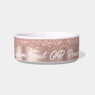 Rose Gold Blush Glitter Drips Text Name Pets Bowl