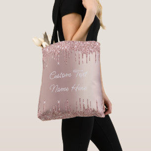 Rose Gold Blush Glitter Drips Text Name Tote Bag