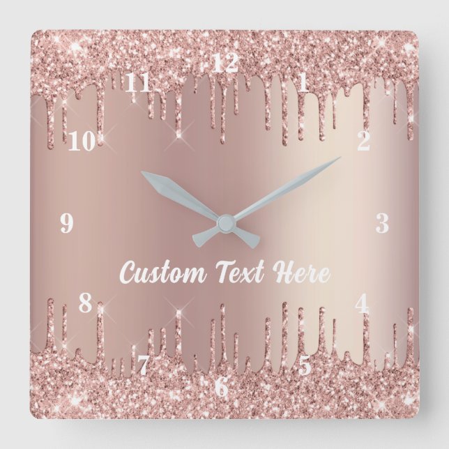 Rose Gold Blush Glitter Drips Text Name Wall Clock (Front)