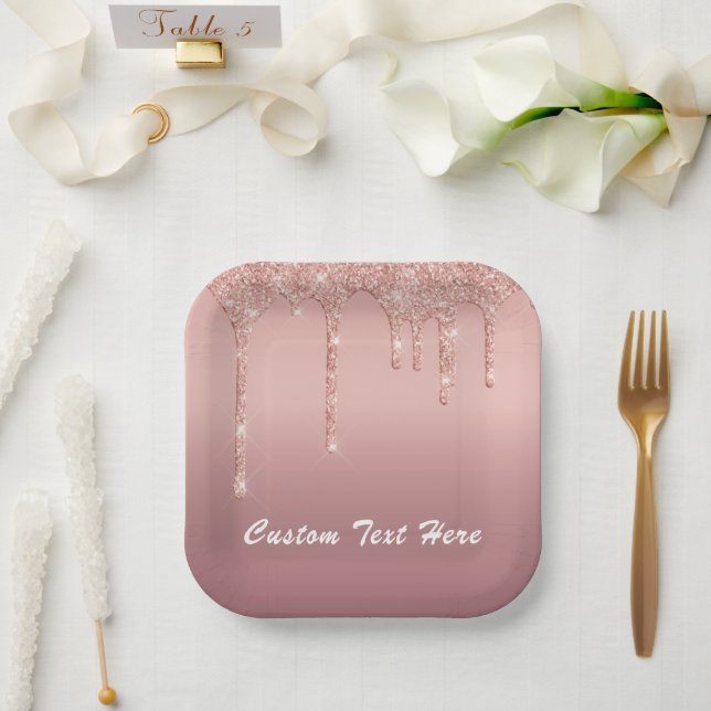 Rose Gold Blush Glitter Drips Text Paper Plates (Wedding)