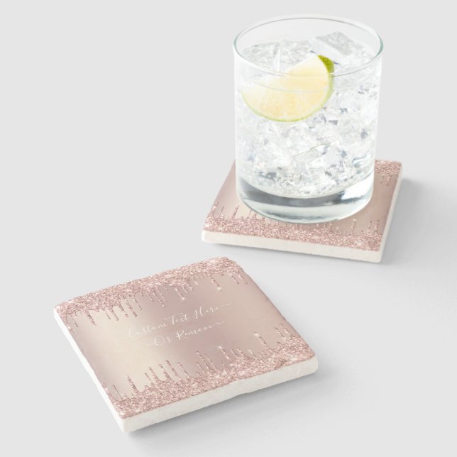 Rose Gold Blush Glitter Drips Text Stone Coaster (Side)