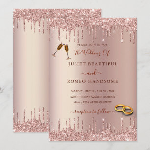 Rose Gold Blush Glitter Drips Wedding Invitation