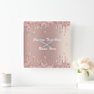 Rose Gold Blush Glitter Drips Your Text Wall Clock