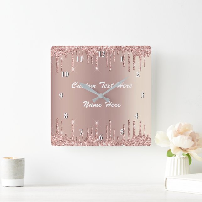 Rose Gold Blush Glitter Drips Your Text Wall Clock (Home)