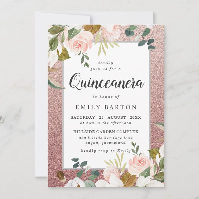 Rose Gold Blush Glitter Floral Modern Quinceanera Invitation (Front)