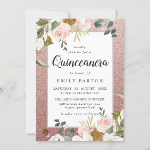 Rose Gold Blush Glitter Floral Modern Quinceanera Invitation