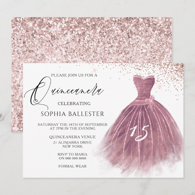 Rose Gold Blush Glitter Gown Quinceanera Party Invitation (Front/Back)