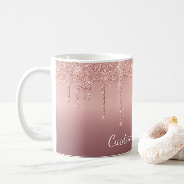 Rose Gold Blush Glitter Mug with Custom Text (With Donut)