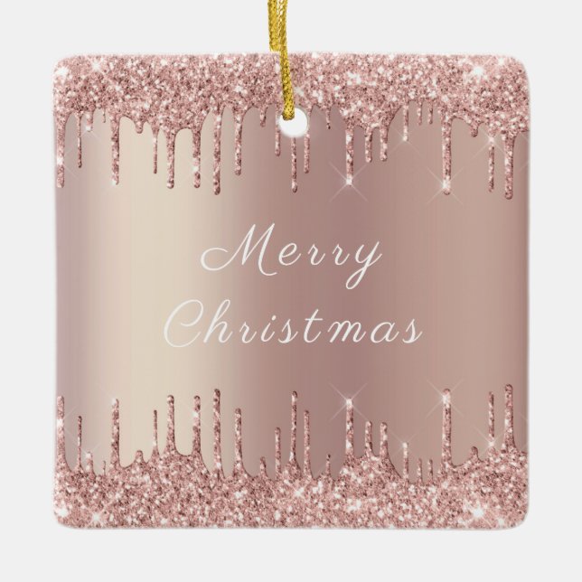 Rose Gold Blush Glitter Sparkle Drips - Christmas Ceramic Ornament (Front)