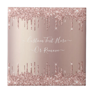 Rose Gold Blush Glitter Sparkle Drips Custom Text Ceramic Tile