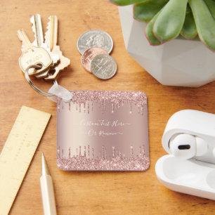 Rose Gold Blush Glitter Sparkle Drips Custom Text  Key Ring