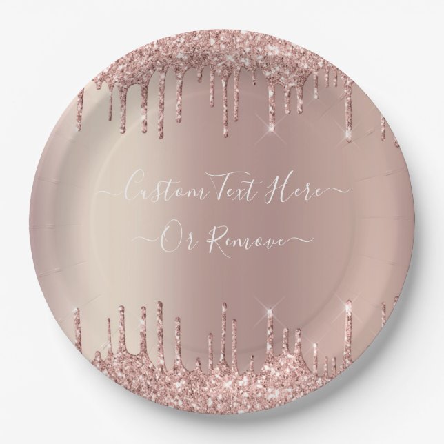 Rose Gold Blush Glitter Sparkle Drips Custom Text Paper Plate (Front)
