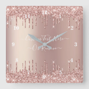 Rose Gold Blush Glitter Sparkle Drips Custom Text Square Wall Clock