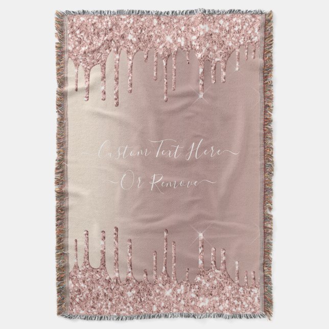 Rose Gold Blush Glitter Sparkle Drips Custom Text  Throw Blanket (Front Vertical)