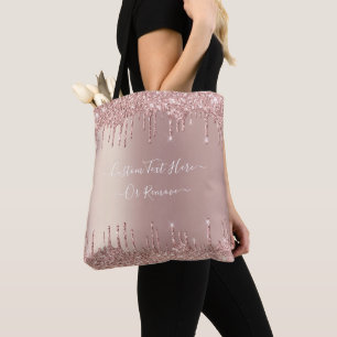 Rose Gold Blush Glitter Sparkle Drips Custom Text  Tote Bag