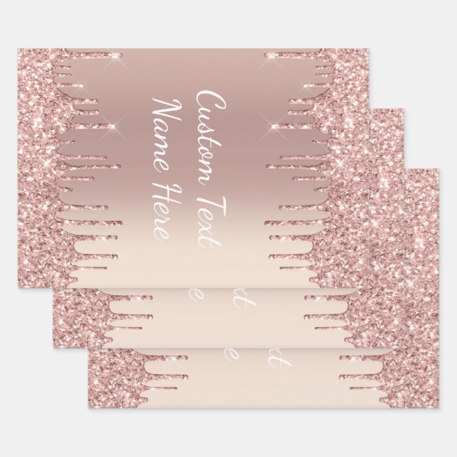 Rose Gold Blush Glitter Sparkle Drips Custom Text  Wrapping Paper Sheet (Set)