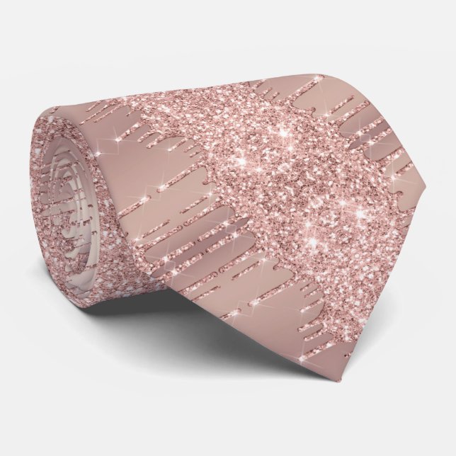 Rose Gold Blush Glitter Sparkle Drips Neck Tie (Rolled)