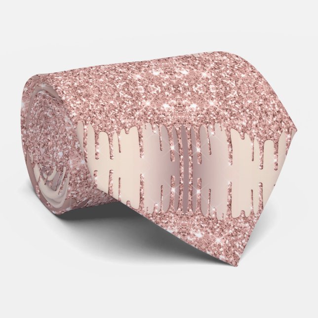 Rose Gold Blush Glitter Sparkle Drips Neck Tie (Rolled)
