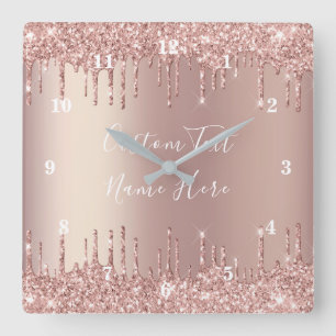 Rose Gold Blush Glitter Sparkle Drips Text Clock