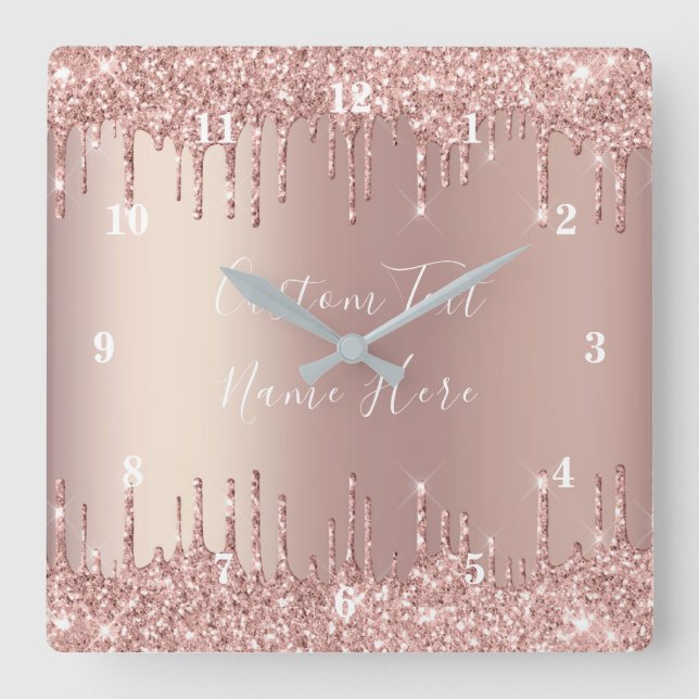 Rose Gold Blush Glitter Sparkle Drips Text Clock (Front)