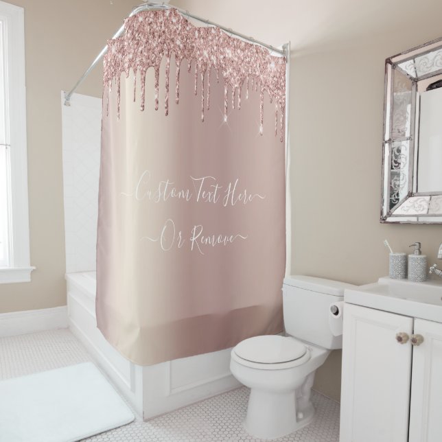 Rose Gold Blush Glitter Sparkle Drips - Your Text Shower Curtain (In Situ)