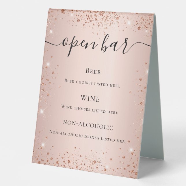 Rose gold blush glitter sparkles script bar menu (Front)
