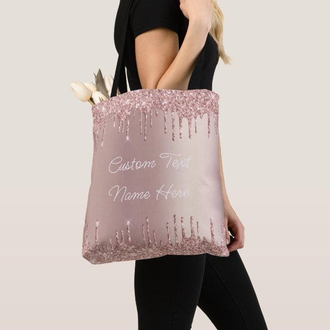 Rose Gold Blush Glitter Tote Bag with Custom Text (Close Up)