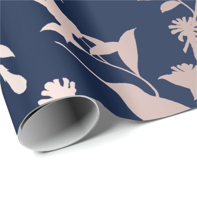 Rose Gold Blush Hummingbird Flowers Blue Navy Wrapping Paper (Roll Corner)