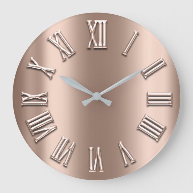 Rose Gold Blush Metal Skinny Silver Roman Numbers Large Clock (Front)