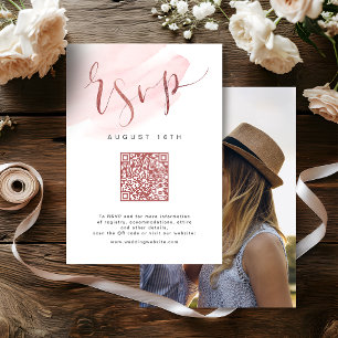 Rose Gold Blush Modern Script wedding QR code RSVP Card