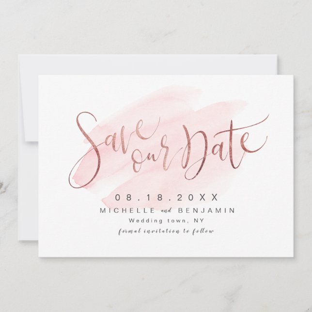 Rose Gold Blush Modern Simple Script Save The Date (Front)
