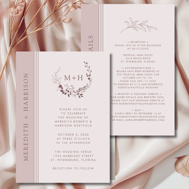 Rose Gold Blush Monogram All in One Wedding Invitation (Rose Gold Blush Monogram Wreath All in One with Details Wedding Invitation)