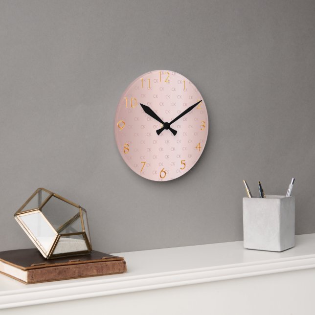 Rose gold blush monogram initials elegant  round clock (Office)