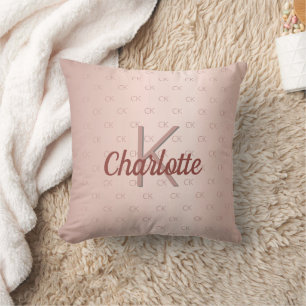 Rose gold blush monogram name script cushion